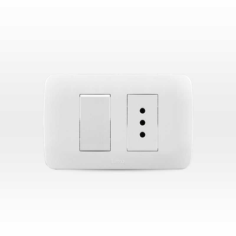 Interruptor simple 9/12 más toma corriente 10A 250V blanco armado
