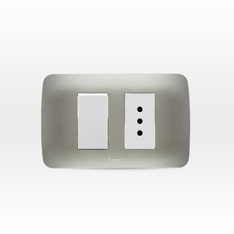 Interruptor simple 9/12 más toma corriente 10A 250V blanco/plata armado
