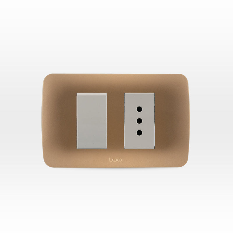 Interruptor simple 9/12 más toma corriente 10A 250V beige/titanio armado