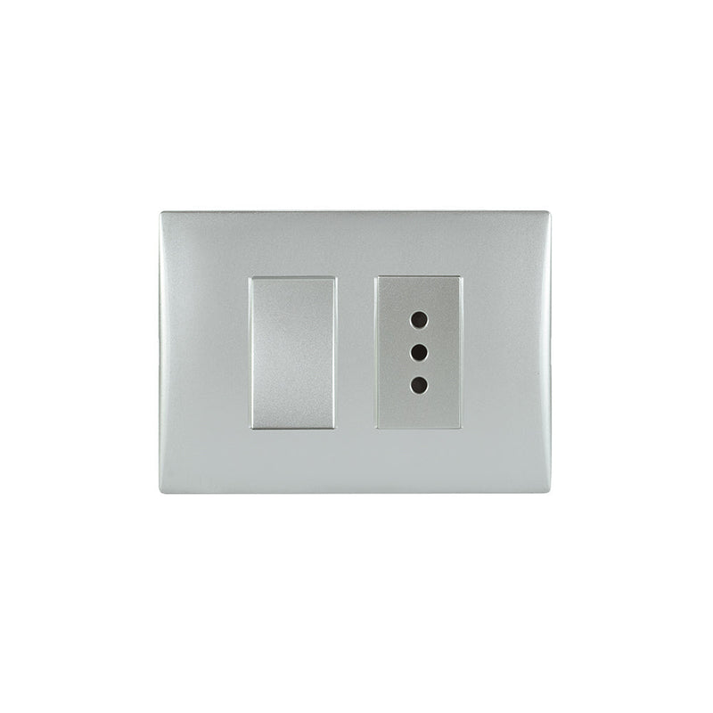 Interruptor simple 9/12 más toma corriente andes 10A 250V SILVER armado