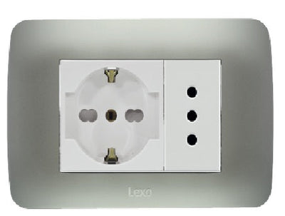 Toma corriente SCHUKO 10/16 más toma corriente 10A 250V plata armado