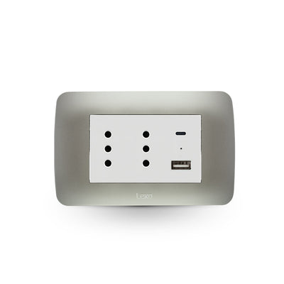Toma corriente DÚPLEX 10A más 2USB (Tipo A - Tipo C), 2.4A plata blanco armado