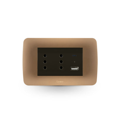 Toma corriente DÚPLEX 10A más 2USB (Tipo A - Tipo C), 2.4A café/titanio armado