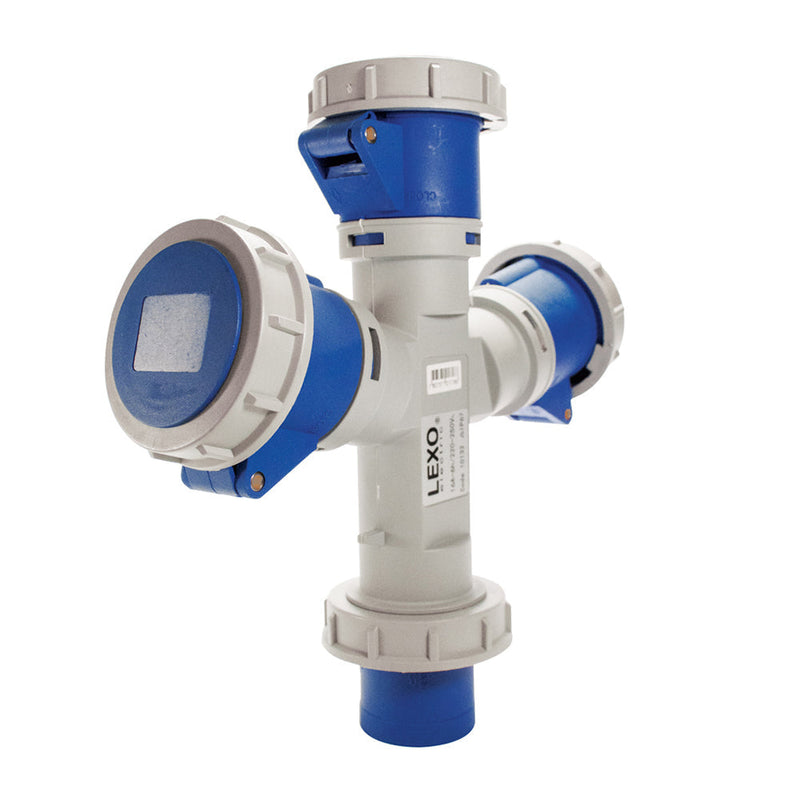 Derivación para enchufe industrial 3 hembras IP67, 16A, 220V, 2P+T