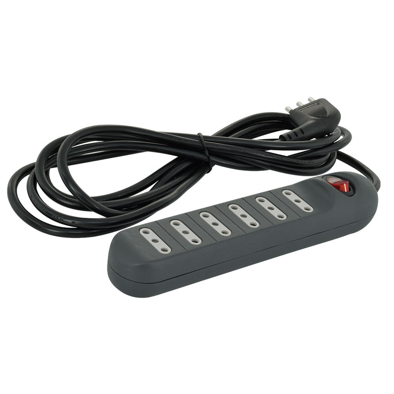 Alargador múltiple negro 6 tomas, 5mts., con interruptor, 2P+T, 10A